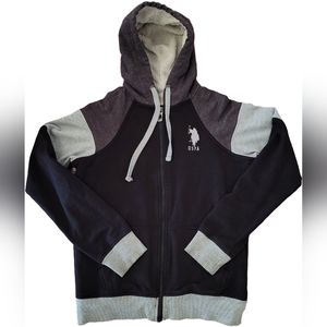 Polo Assn Youth Black/Gray Hooded Sherpa Thumb Hole Zip Jacket - GUC -  Medium